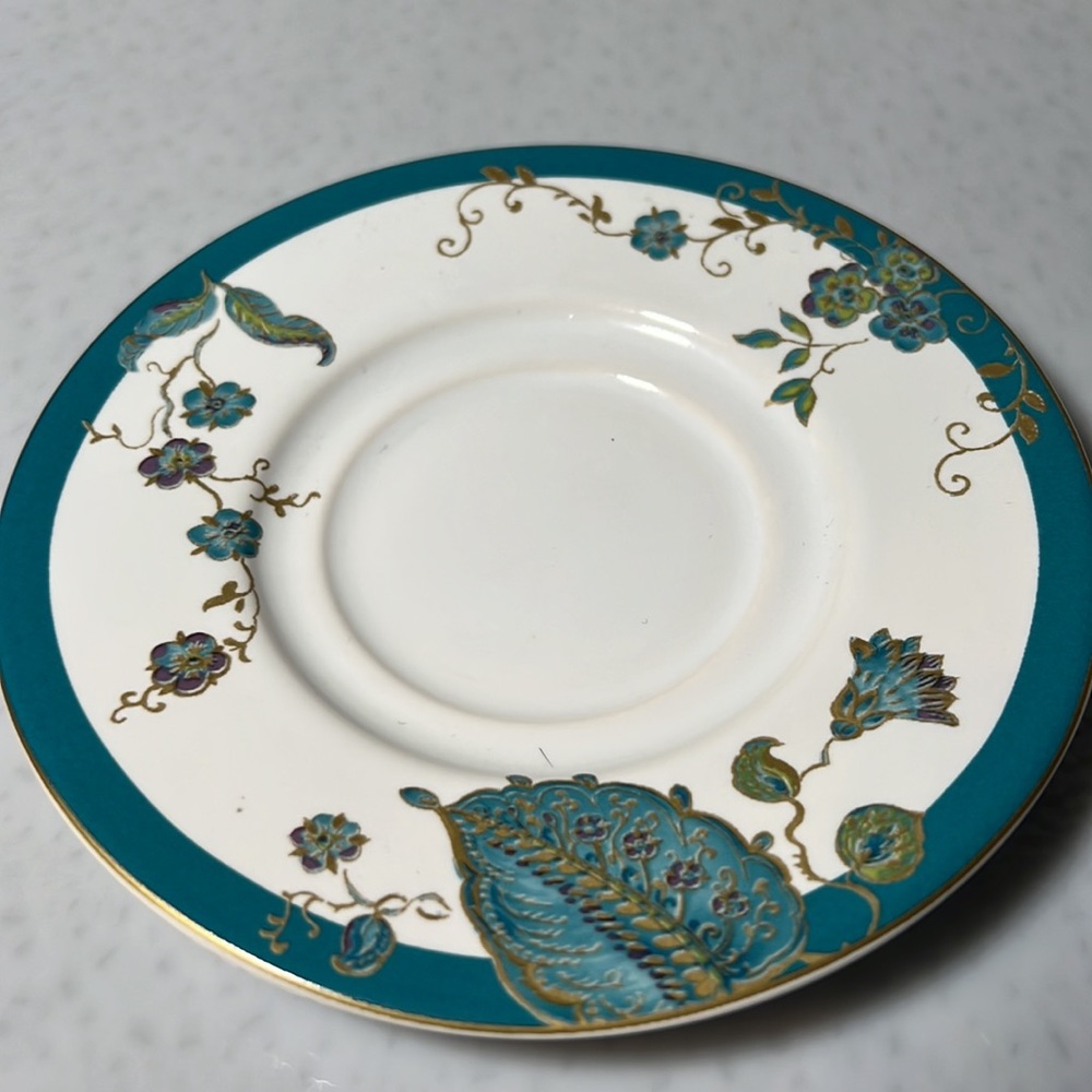 Vintage Retired Flat Cup & Saucer Set Eliza Teal by 222 FIFTH Gold Trim - Picture 6 of 7